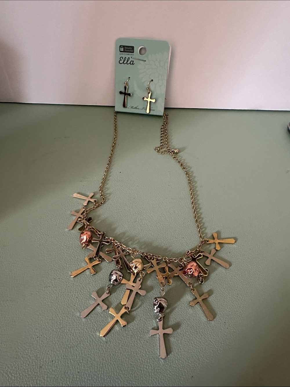Ella Multi-Tone Cross Charm Necklace and Earring Set